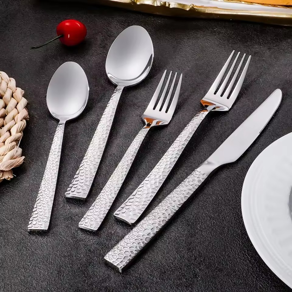 DINUO Hammer Pattern Unique Silver Stainless Steel Knife Spoon Fork Western Tableware Set JYDN-L-042