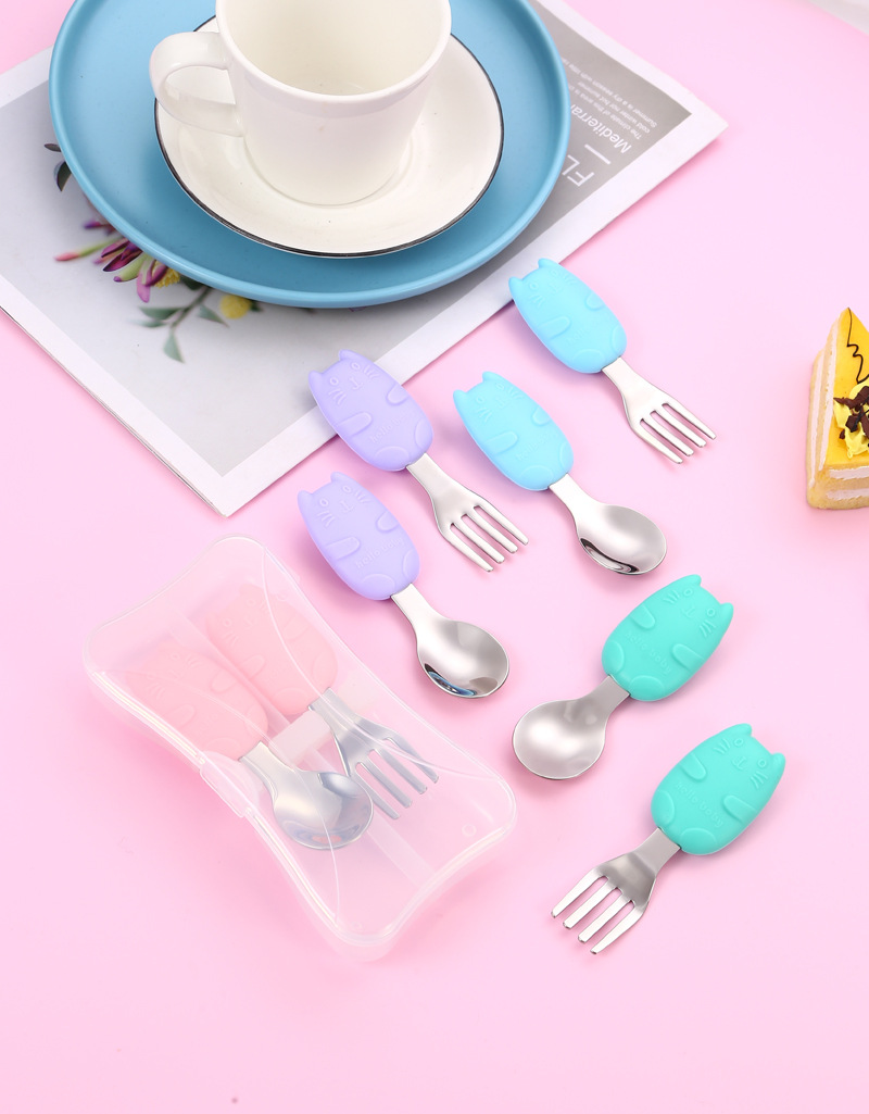 DINUO cartoon cat body silicone 304 stainless steel children spoon and fork cutlery set JYDN-L-242