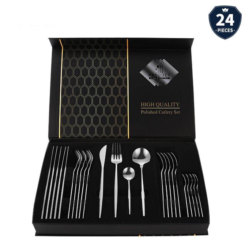 DINUO Portugal Gold Stainless Steel Knife, Fork, Spoon cutlery set 24 piece gift box JYDN-L-203