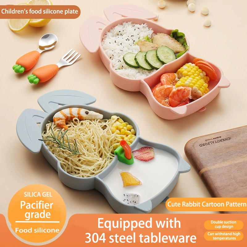 DINUO Cartoon Rabbit Silicone Double Suction Plate Spoon Fork Cutlery Set JYDN-L-222