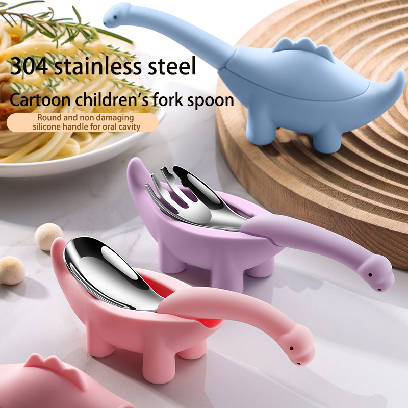DINUO Dinosaur Spoon Fork 304 Stainless Steel Silicone ChildrenFood Spoon Fork JYDN-L-231