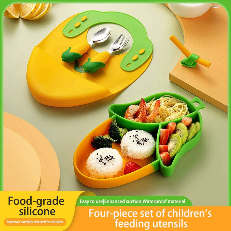DINUO304 stainless steel children silicone dining plate, baby food fork spoon tableware JYDN-L-218