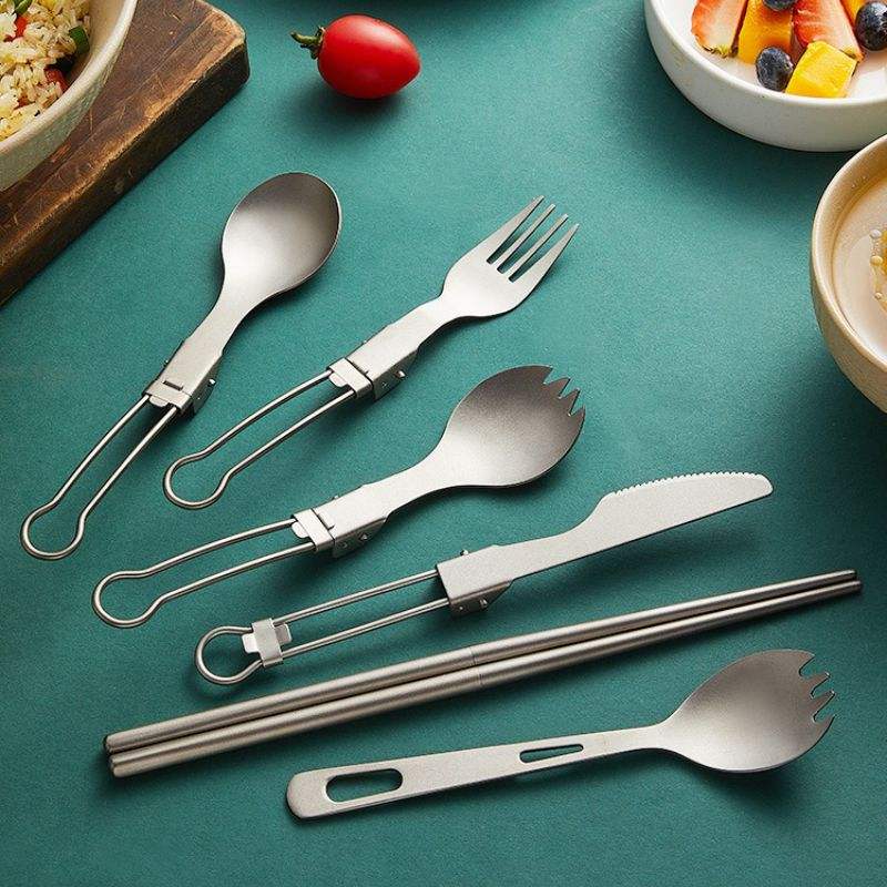 DINUO Outdoor Pure Titanium Folding Spoon Fork Set Camping Portable Titanium Tableware JYDN-L-084