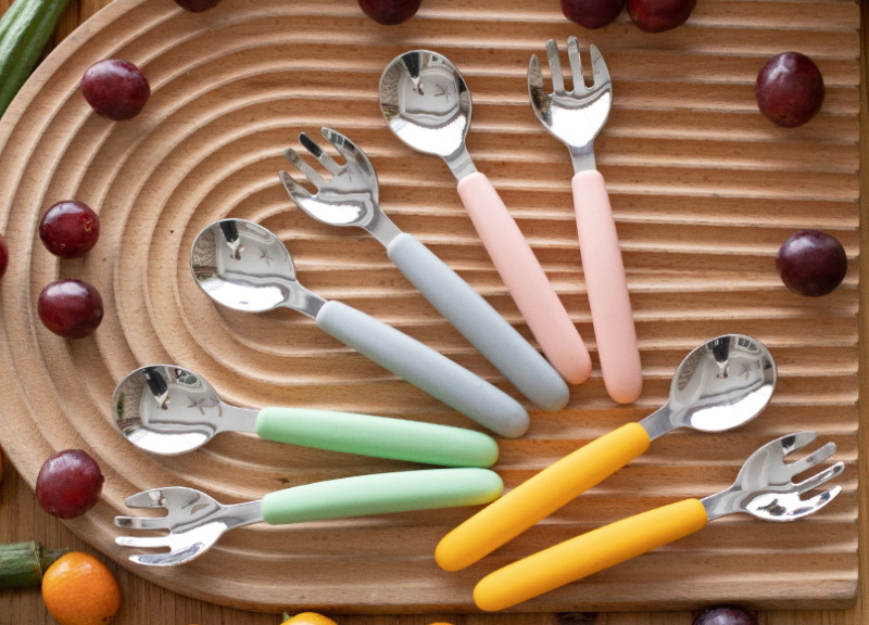 DINUO Crescent Stainless Steel Silicone Spoon, Fork, Chopsticks Baby Food Utensils JYDN-L-237