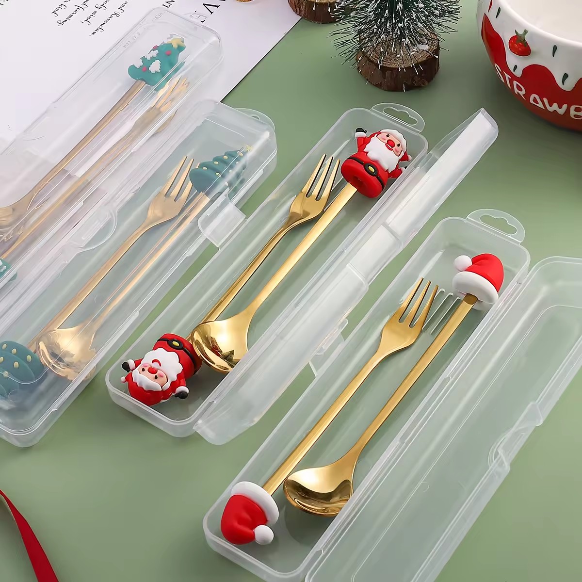 DINUO Stainless Steel Christmas Dessert Spoon Fork Cartoon Portable Tableware JYDN-L-016