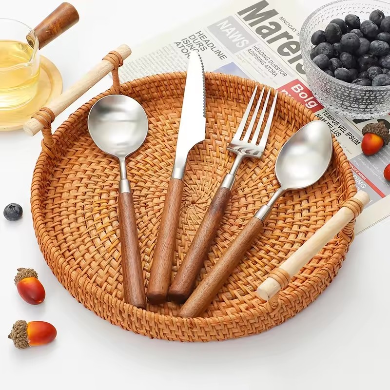 DINUO wooden handle metal high-quality matte western tableware knife, fork, spoon silver JYDN-L-031