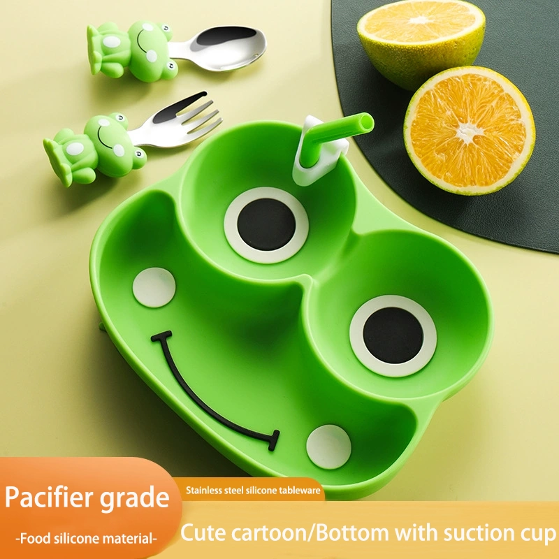 DINUO Silicone Frog Stainless Steel Fork Spoon Baby Food Grid Straw Plate JYDN-L-226