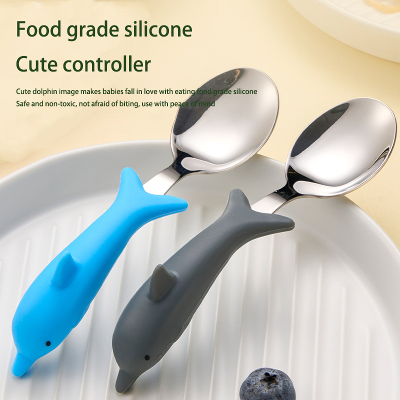 DINUO Dolphin Children Food 304 Stainless Steel Silicone Spoon Fork Gift Set JYDN-L-238