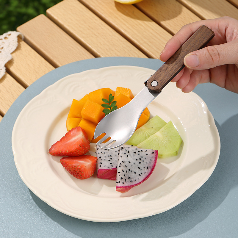 DINUO black walnut outdoor portable folding stainless steel titanium fork spoon tableware JYDN-L-240
