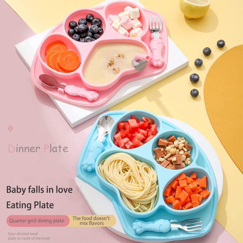 DINUO cartoon cat paw stainless steel 304 silicone baby food tray spoon fork JYDN-L-232