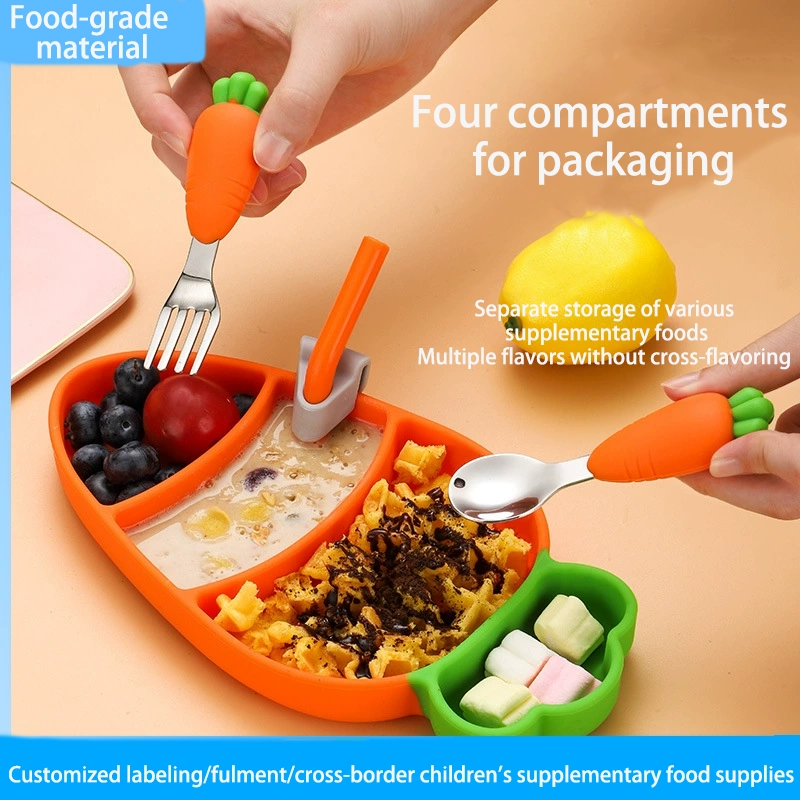 DINUO304 stainless steel children silicone dining plate, baby food fork spoon tableware JYDN-L-216