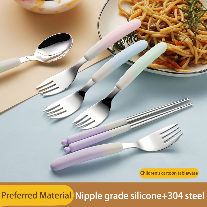 DINUO Crescent Stainless Steel Silicone Spoon, Fork, Chopstick Children Tableware JYDN-L-236
